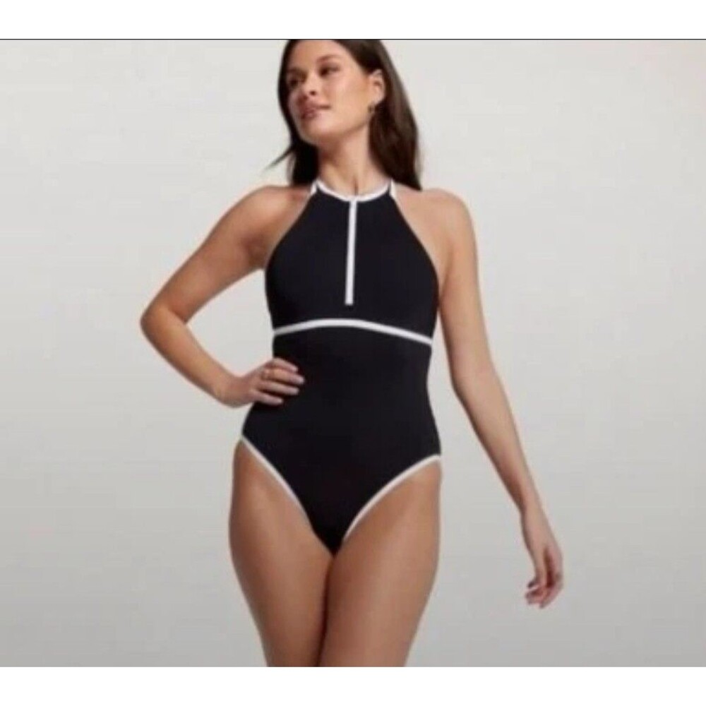 CALIA Women's Black/White Halter Racerback One Piece Swim Sz 12 NEW